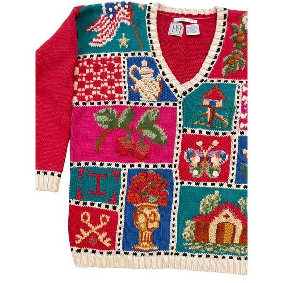 VTG. Ugly Sweater Womens L Grandma Cottagecore Patchwork Chunky Knit Bird 80s - Picture 3 of 8